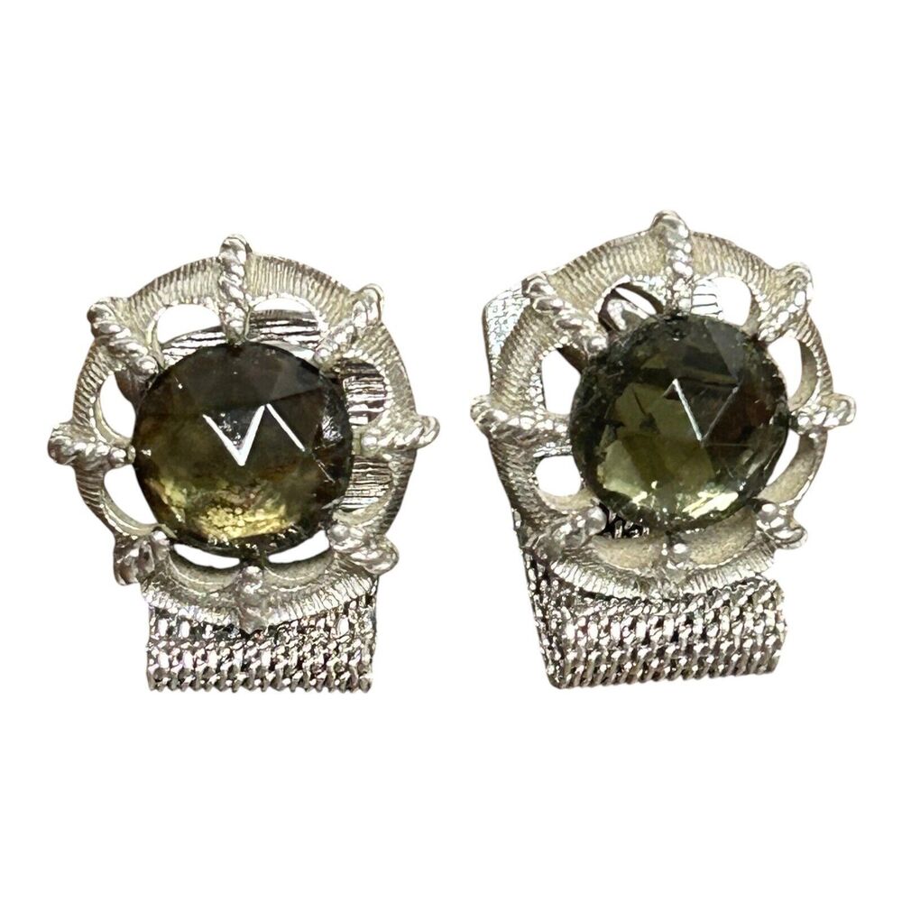 Swank Green Crystal Rhinestone Silver Tone Mesh Wrap Around Cufflinks Vintage
